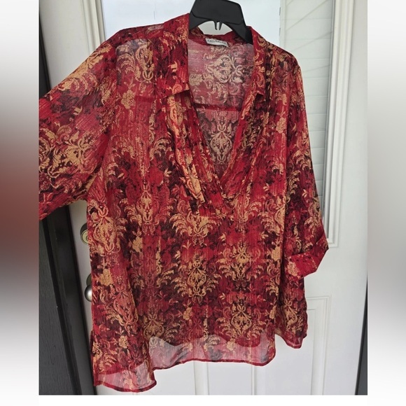 Catherines Sheer Tunic Top 2X Plus Womens 3/4 Sleeve Orange Paisely Open Front - Picture 7 of 15